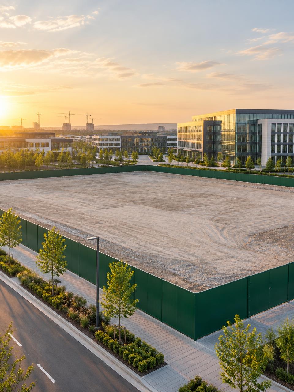 Cleared and levelled development site beside a modern business park