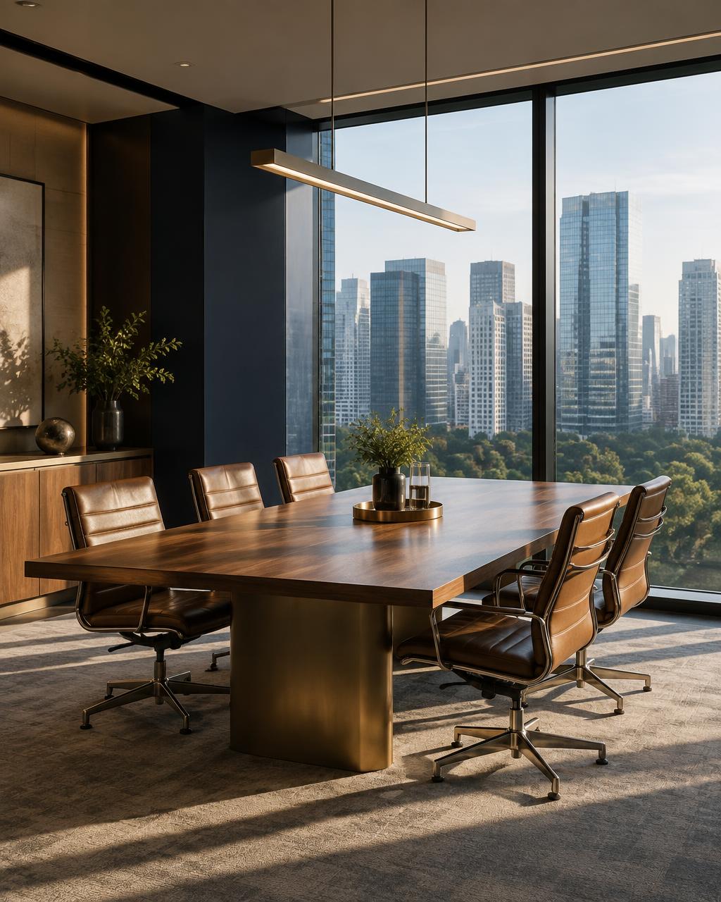 Empty corner meeting room high in an office tower with a long timber table and a city view