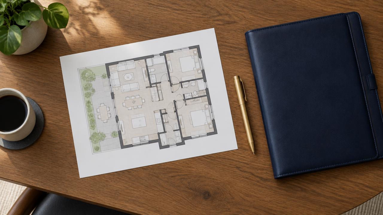 Floor plan printout, a closed navy folder and a brass pen on a timber meeting table