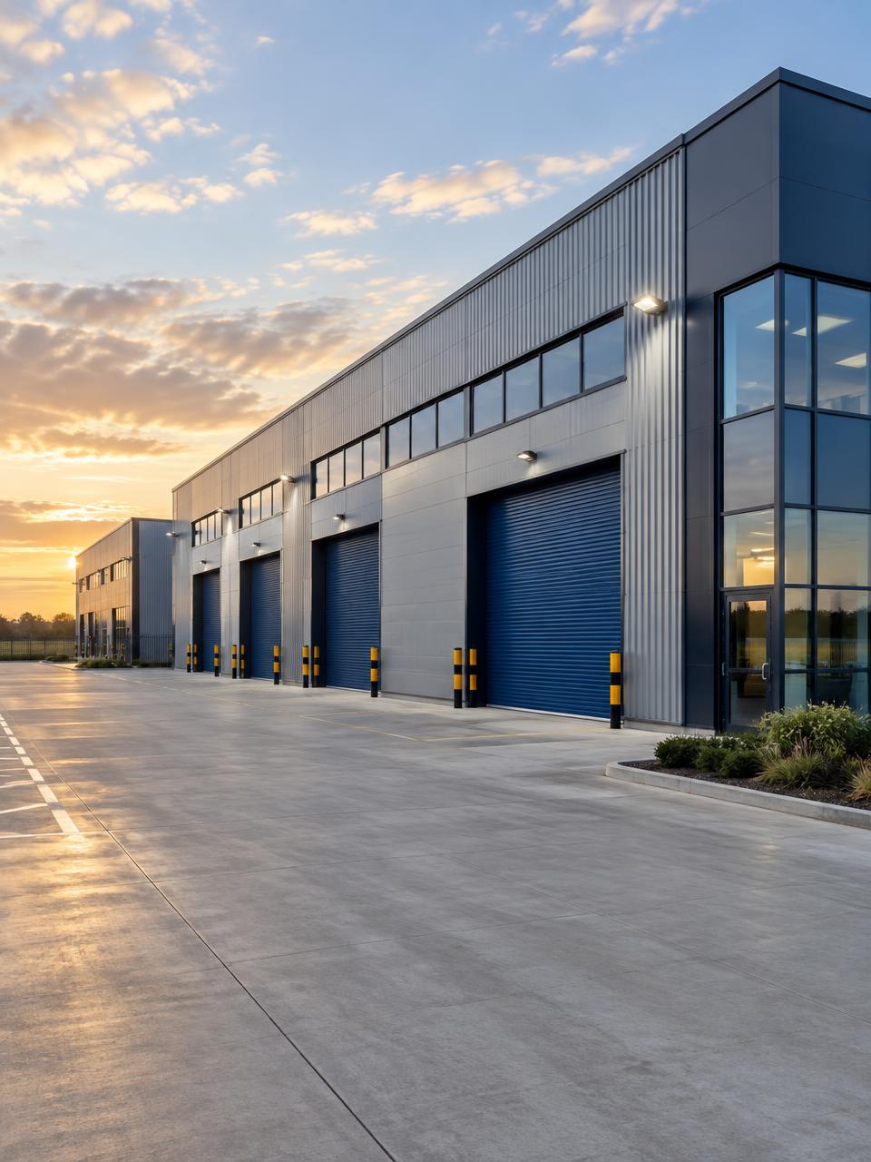 Modern multi-bay warehouse with loading bays and a wide driveway