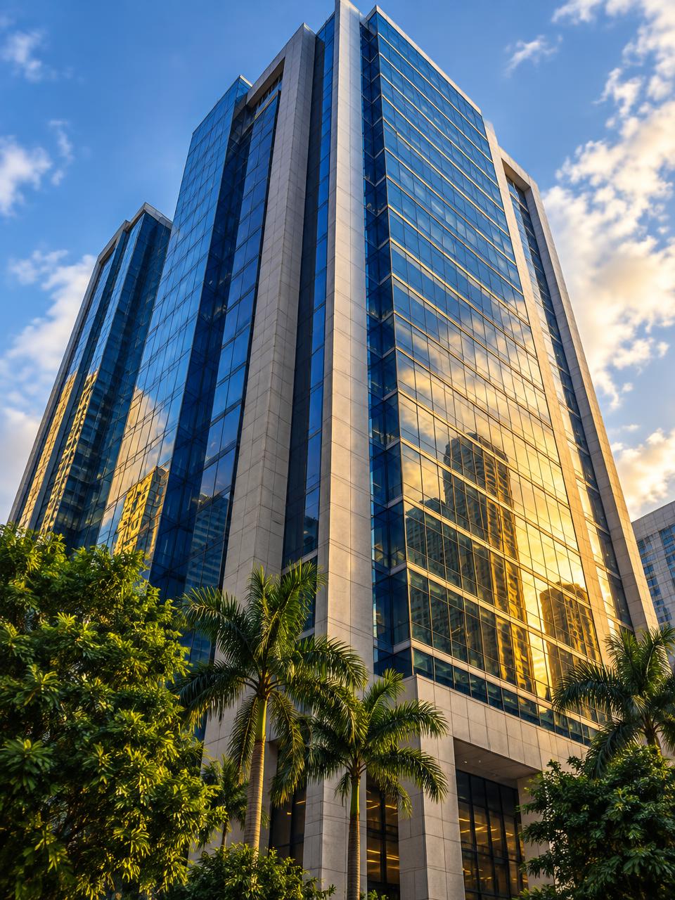 Glass and stone facade of a modern office tower seen from street level