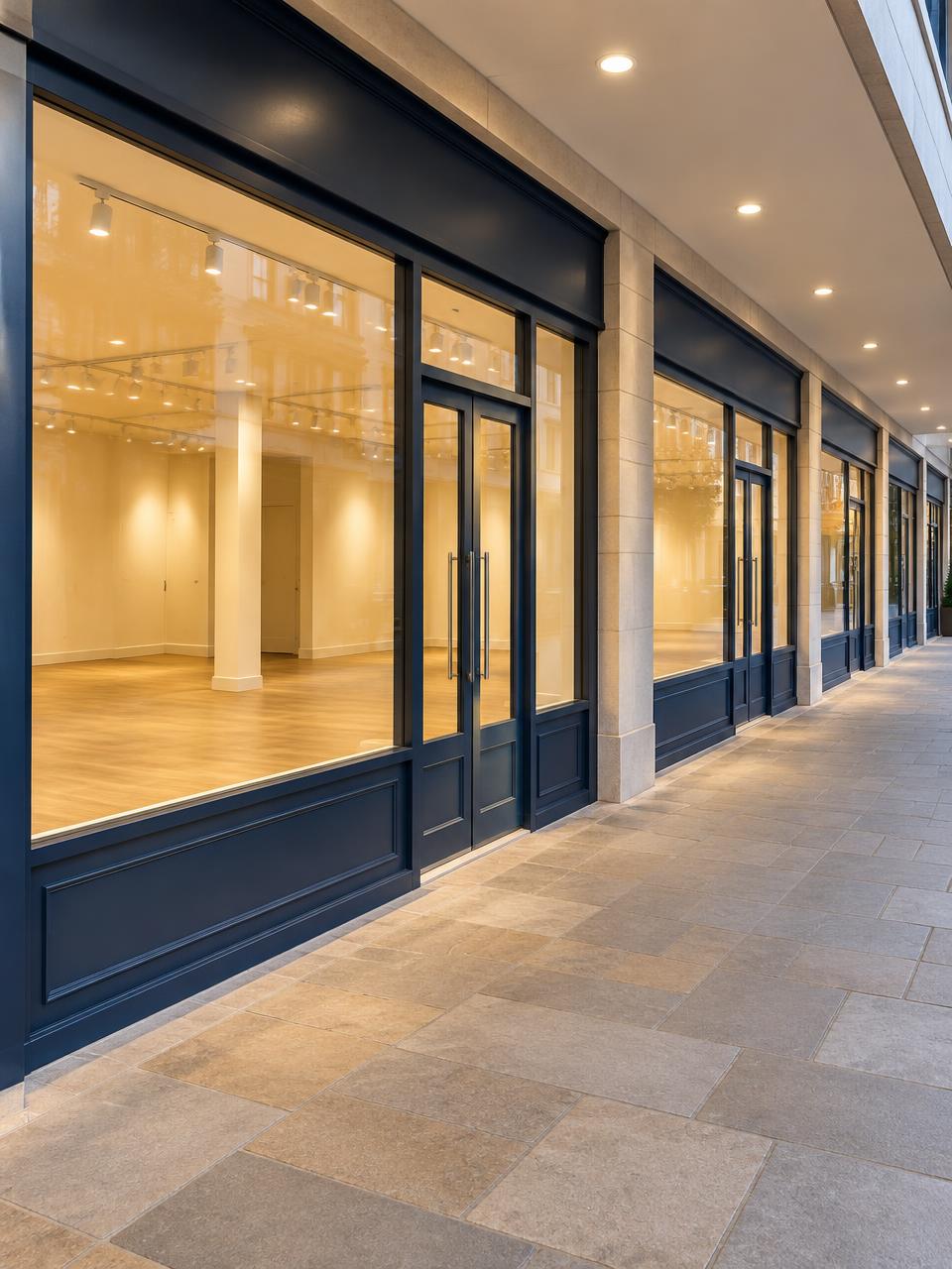 Row of empty modern ground-floor shop units with large glass frontages